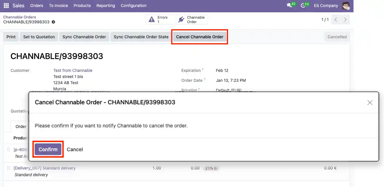 Como cancelar un pedido de Channable en Odoo
