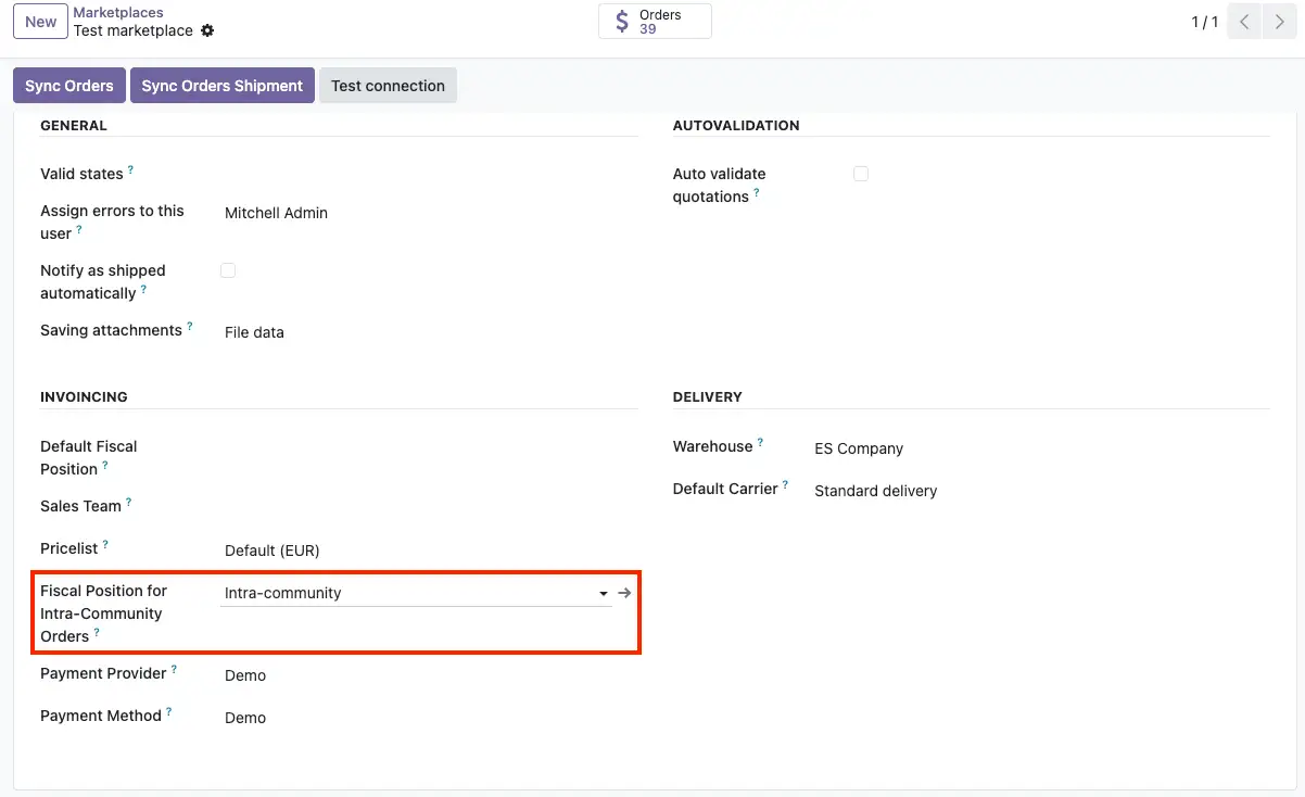 Campo para definir la posición fiscal para pedidos intracomunitarios