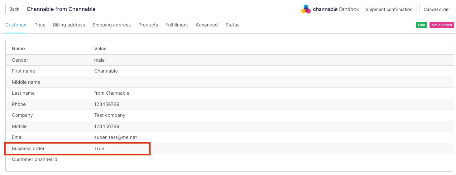 Pedido en Channable con el campo Business order