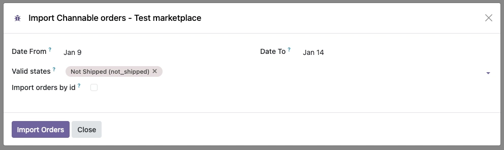 Formulario para importar pedidos de Channable y filtrar por fecha y/o estados