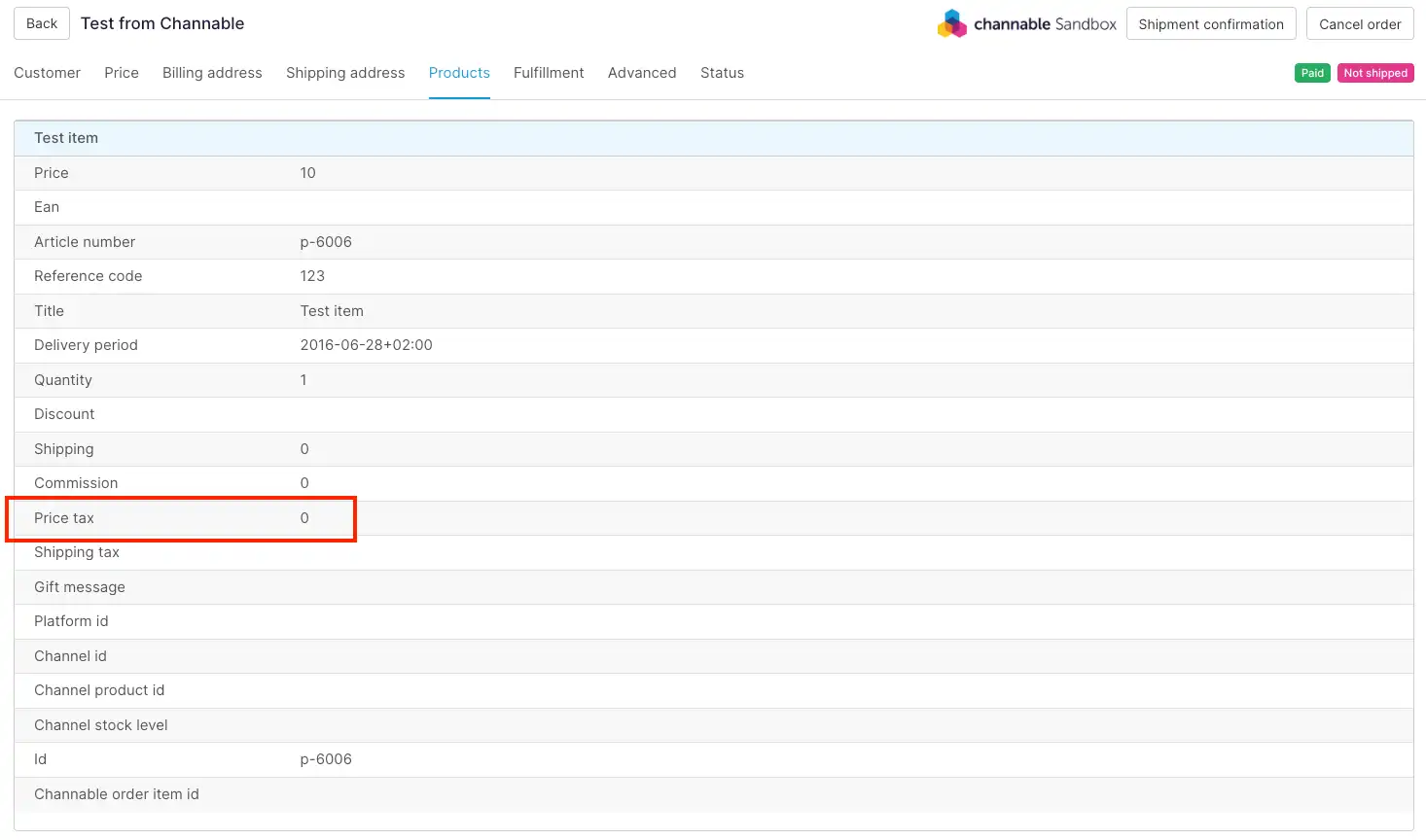Pedido de Channable con los impuestos