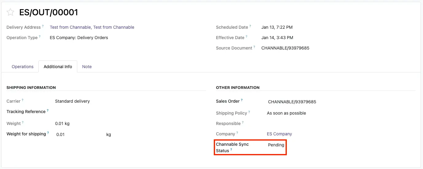 Albarán de entrega pendiente de sincronizar con Channable