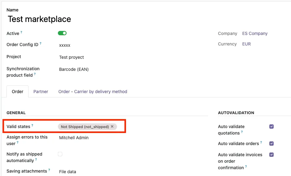 Configura los estados válidos de un mercado