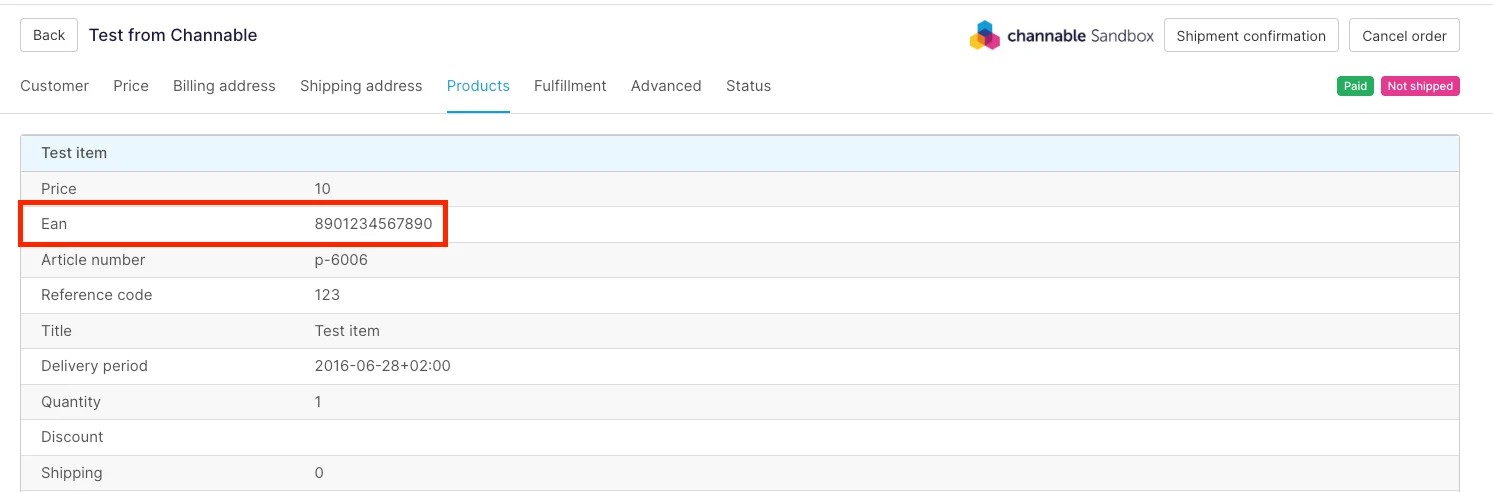 Pedido en Channable marcando el ean de un producto