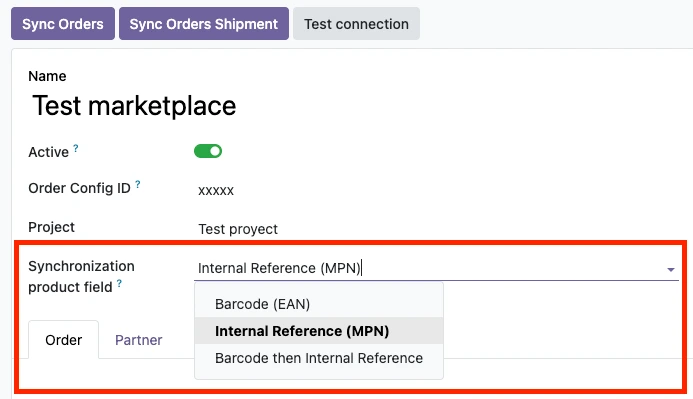 Configurar mercado para que importe pedidos con la referencia del producto