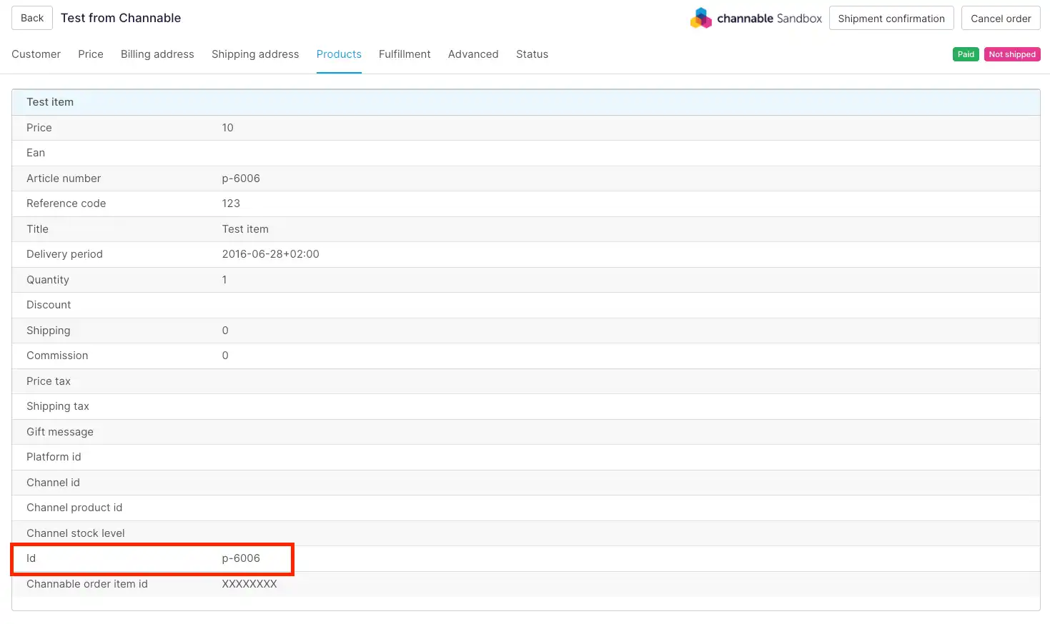 Pedido en Channable marcando la referencia de un producto