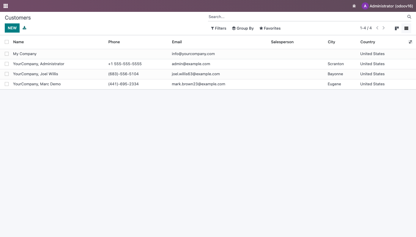 Vista de lista de Odoo — seleccionar registros y abrir el menú Acción para exportar